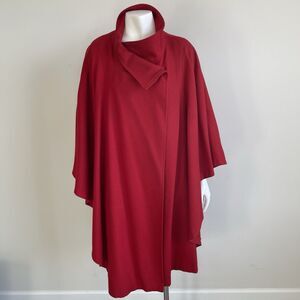 Vintage 100% Merino Wool Red Cape Coat Pockets O/S Cozy Luxury Old Money